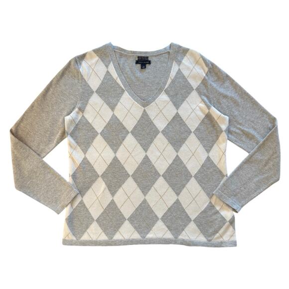 Tommy Hilfiger Sweater Gray White Argyle Diamond V-Neck Golf Preppy Womens XL - Picture 1 of 9